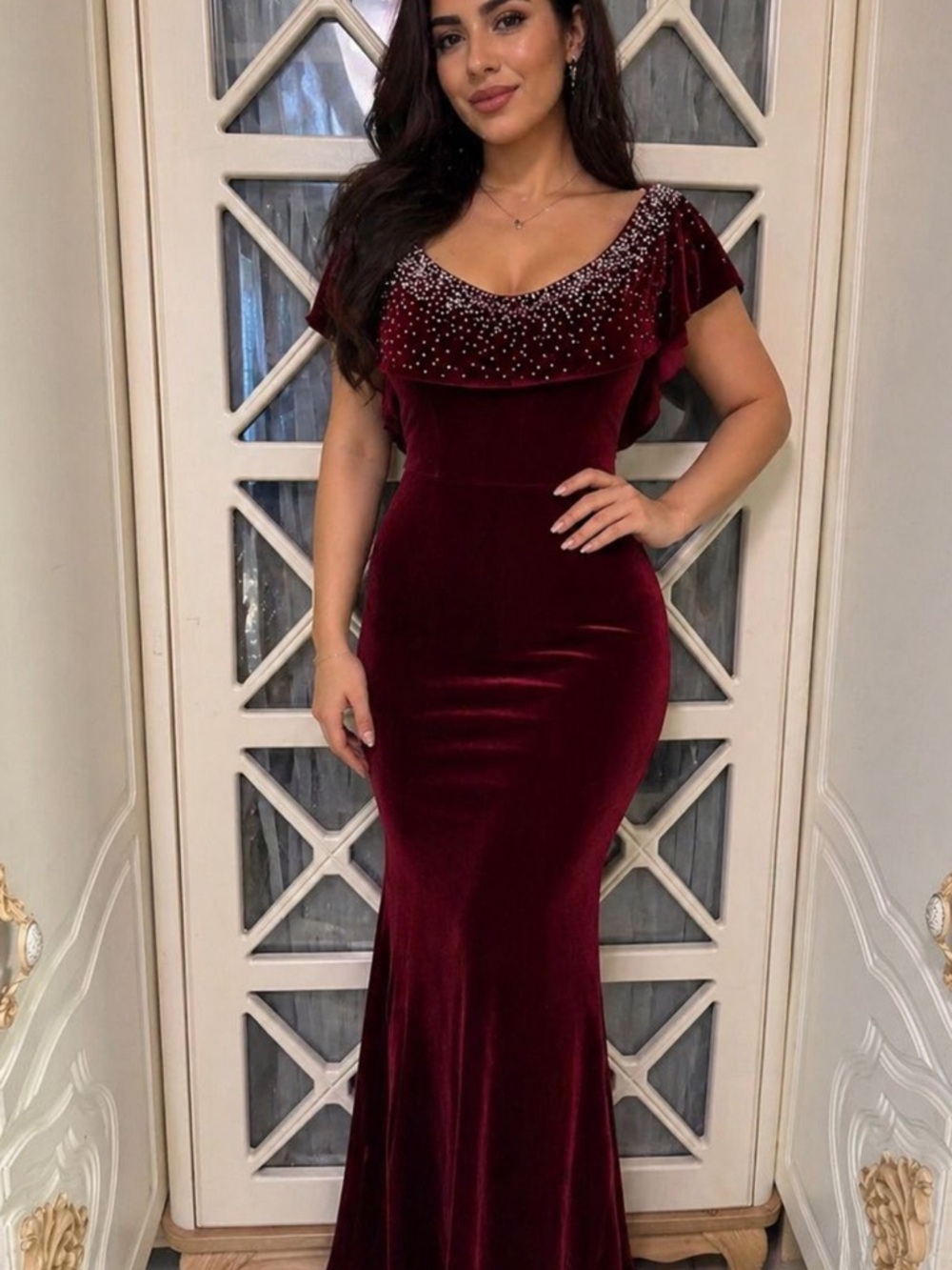 Tiffany Designs Burgundy Velvet Maxi Gown with Crystal-Embellished Cowl